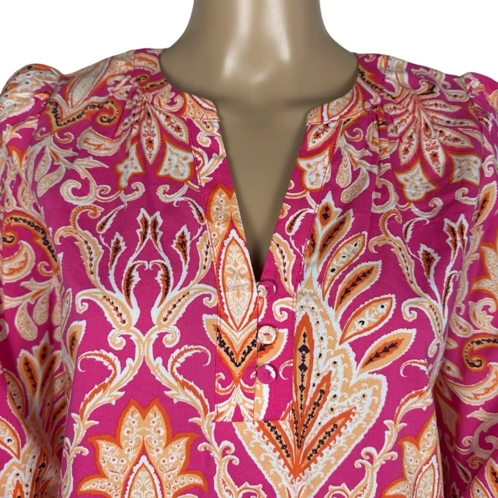NWT New LOFT Paisley Smocked Cuff V-Neck Cotton Blend Blouse Size XS
